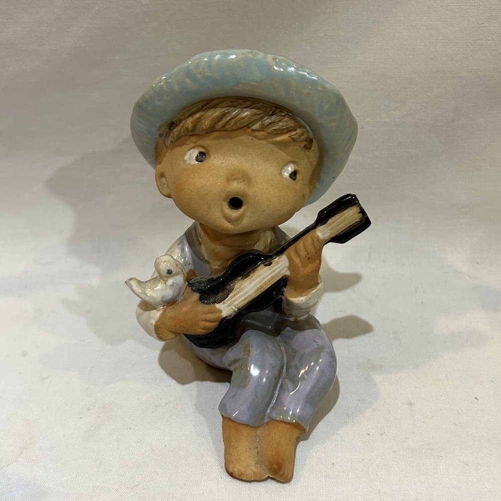 Vintage UCTCI Japan Stoneware Singing Boy Playing Guitar 5" w/ Bird